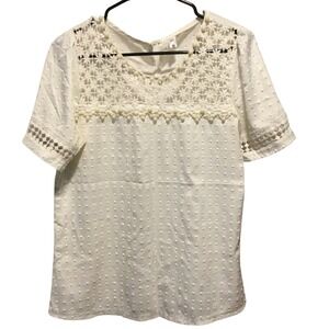White Crochet Lace Pearl Embellished Swiss Dot Top Short Sleeve Women's Blouse M